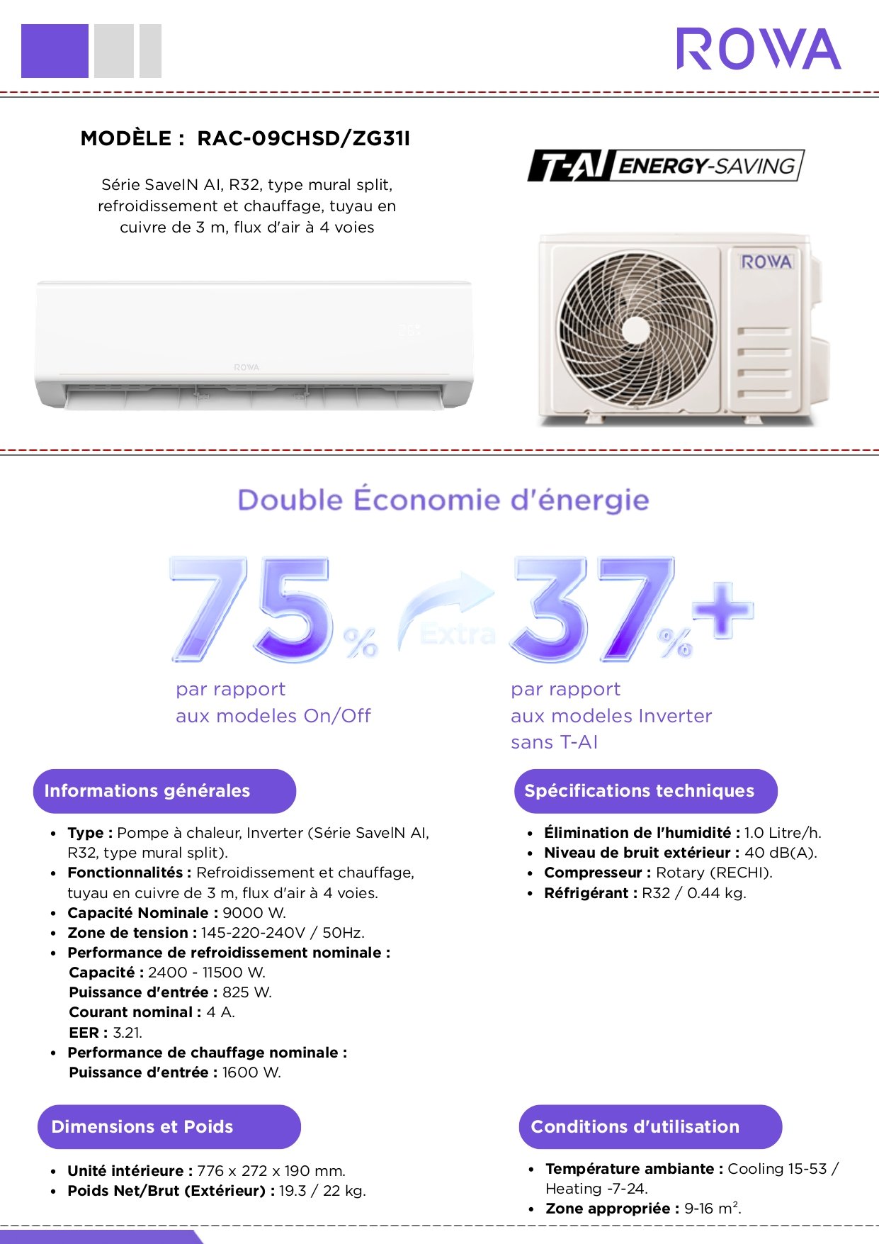 Climatiseur ROWA RAC-09CHSD/ZG31I Inverter 9000 BTU