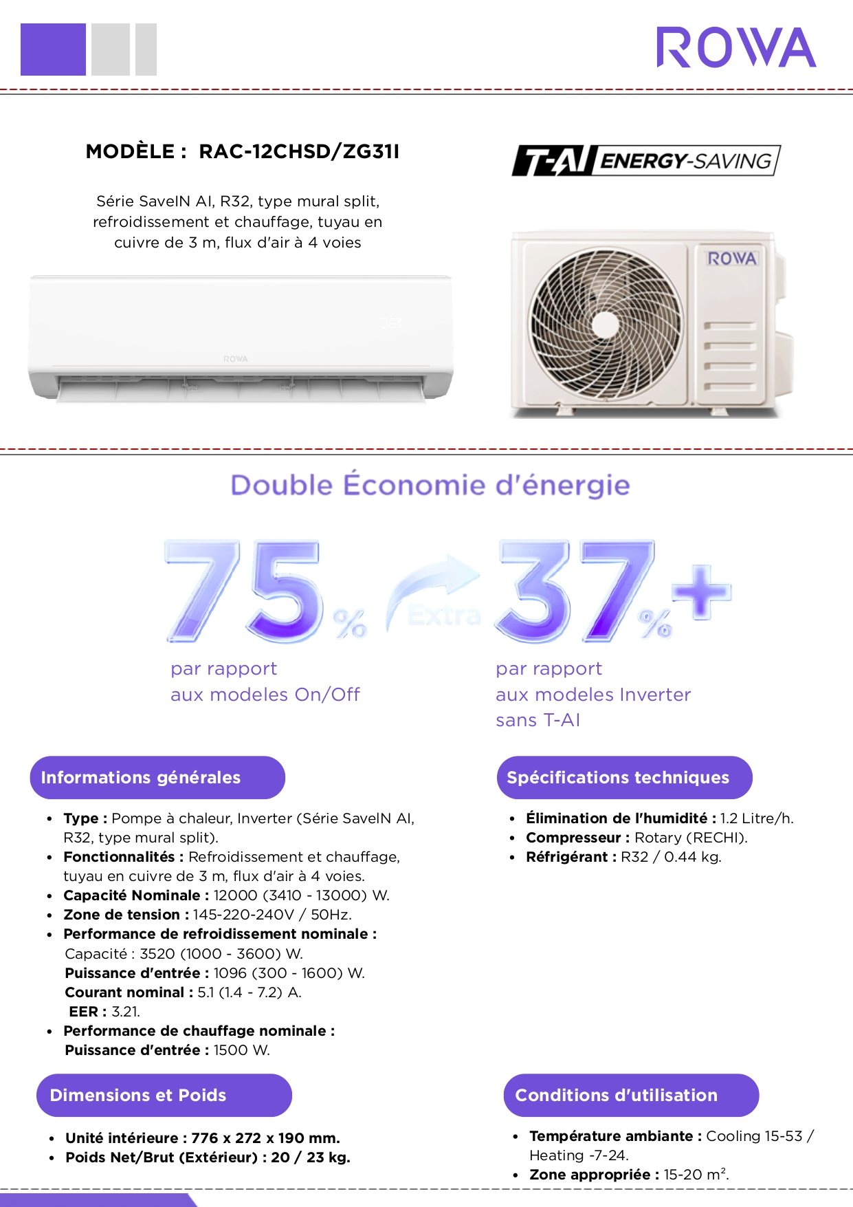 Climatiseur ROWA RAC-12CHSD/ZG31I Inverter 12000 BTU