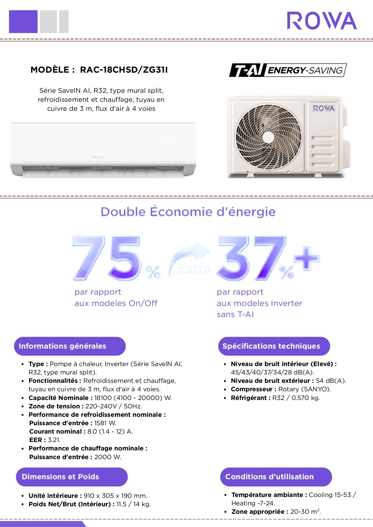 Climatiseur ROWA RAC-18CHSD/ZG31I Inverter 18000 BTU