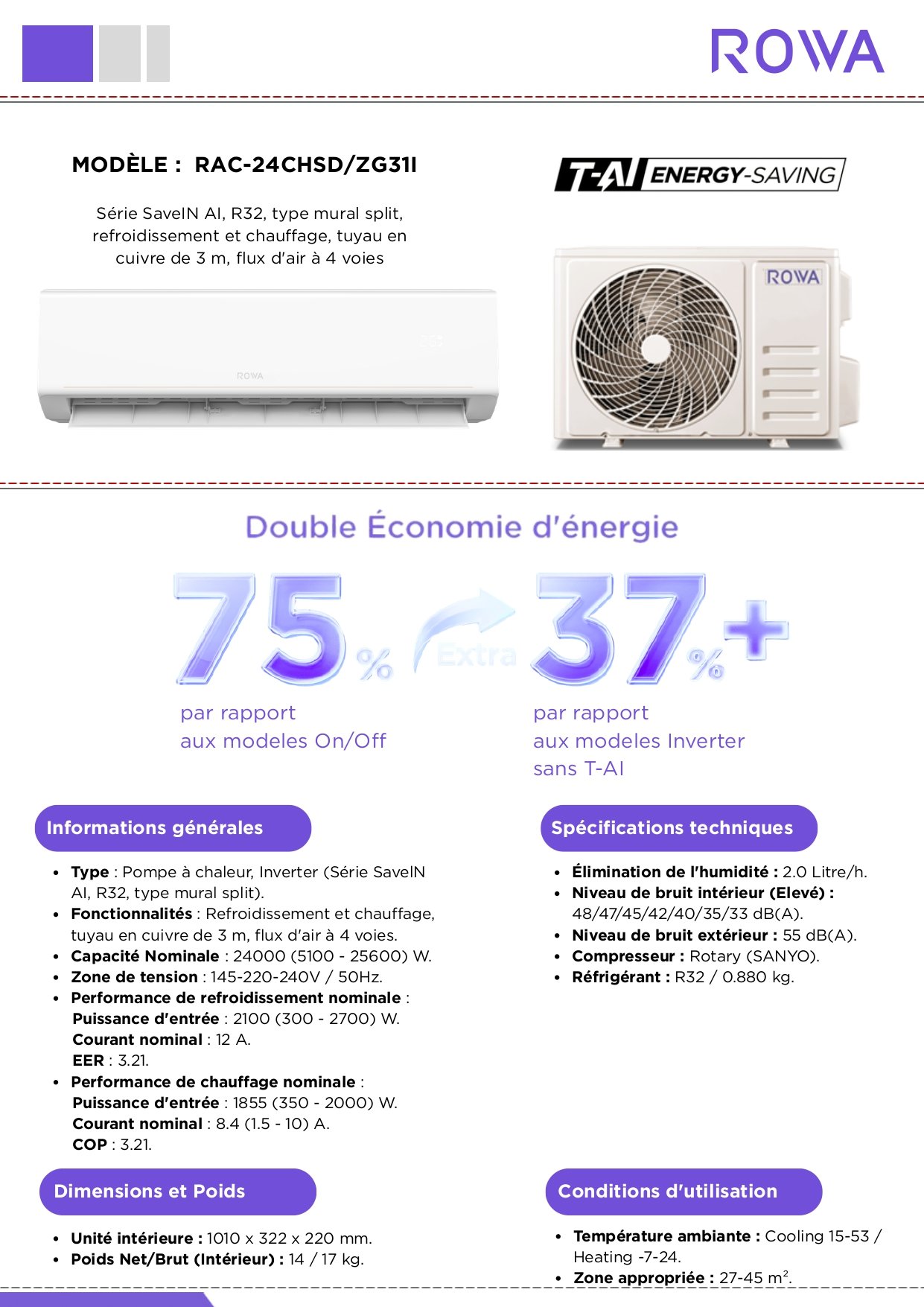 Climatiseur ROWA RAC-24CHSD/ZG31I Inverter 24000 BTU