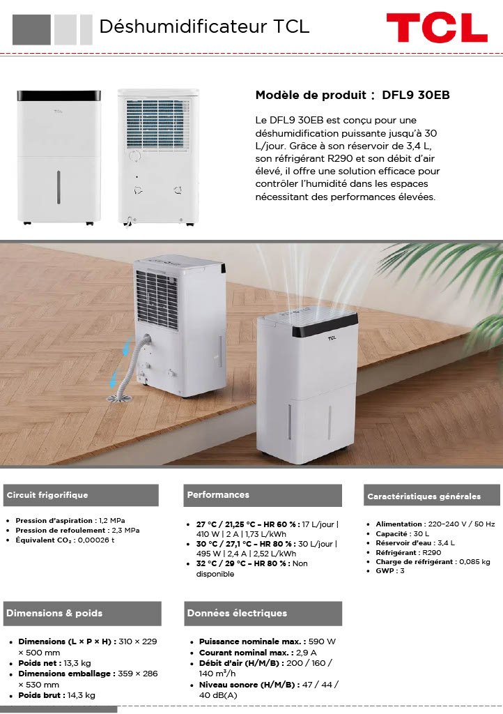 Deshumidificateur TCL 30L DFL9 30EB