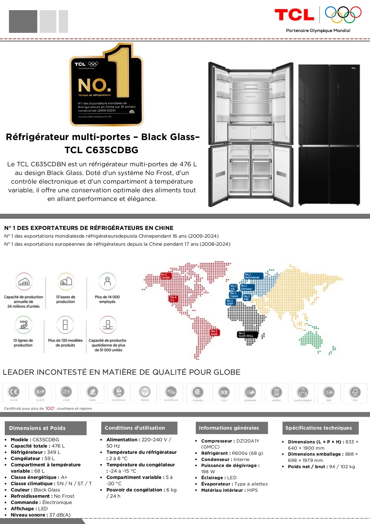Réfrigérateur TCL 4 Portes 635L C635CDBG